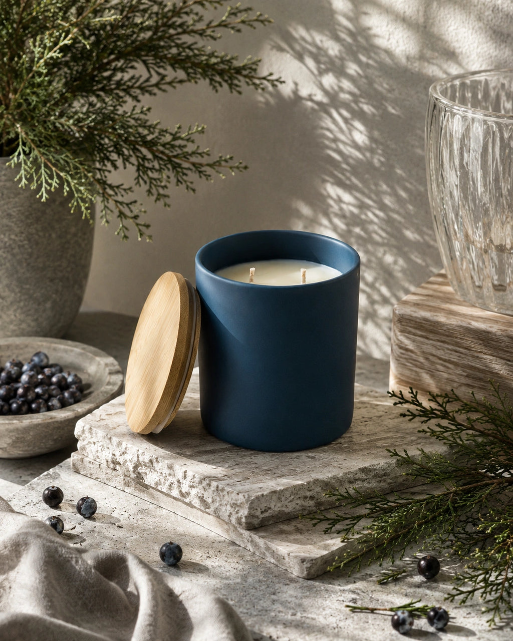 A matte navy blue candle jar with a light wood lid, styled on a rustic stone slab with pine branches, blueberries, and soft natural shadows.