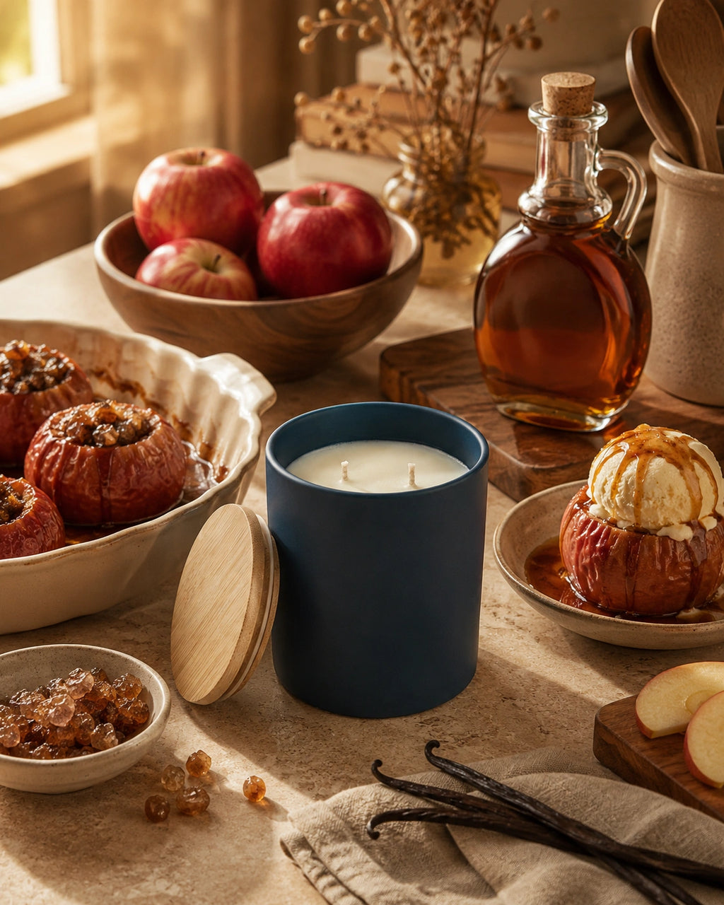 A navy blue candle jar with a light wood lid sits on a rustic table surrounded by autumnal food props including baked apples, red apples, vanilla beans, and a bottle of amber syrup.