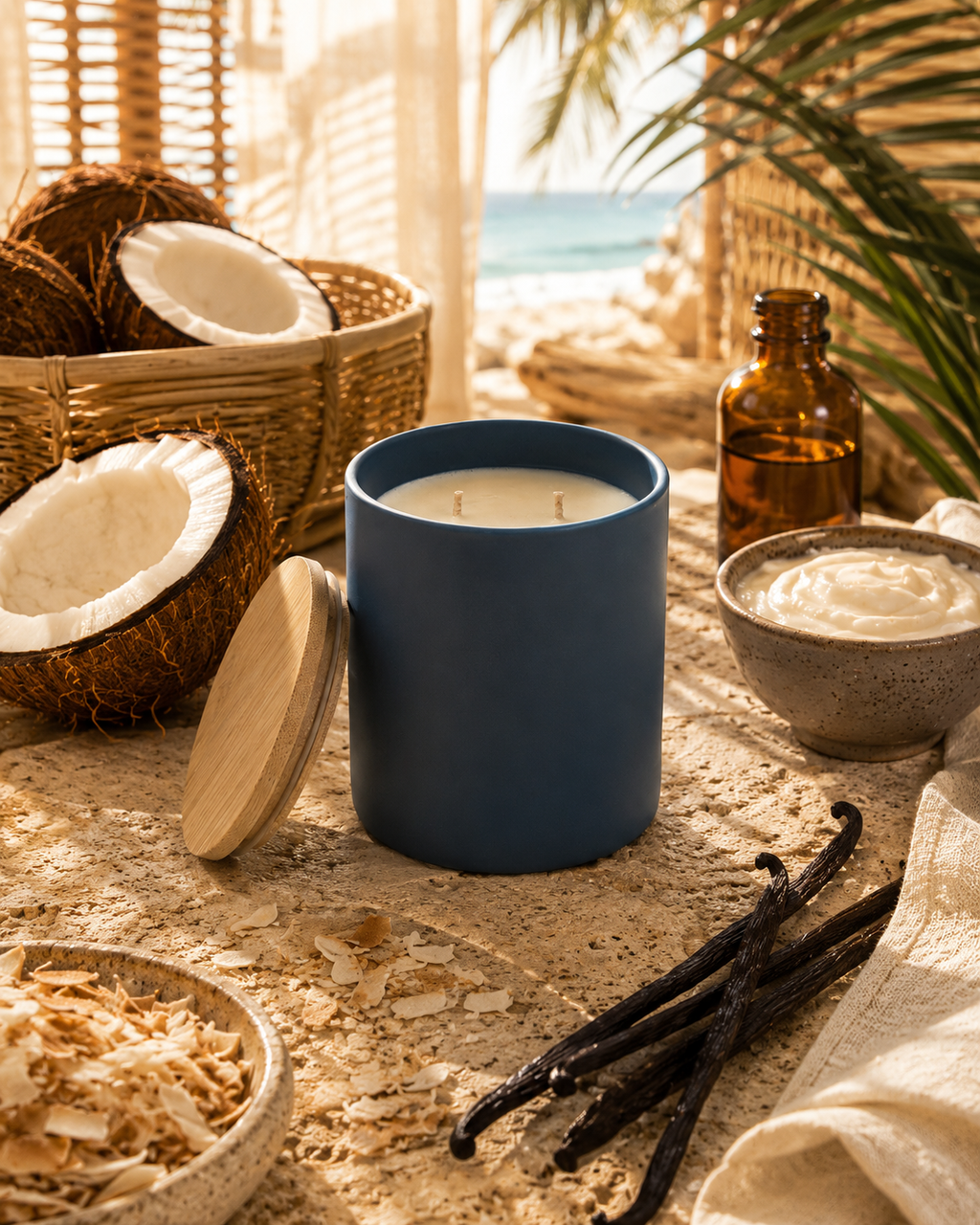 A blue ceramic candle jar with a light wood lid sits on a sandy surface with coconut halves, vanilla beans, a small amber bottle, and a bowl of cream in a beach-themed setting.