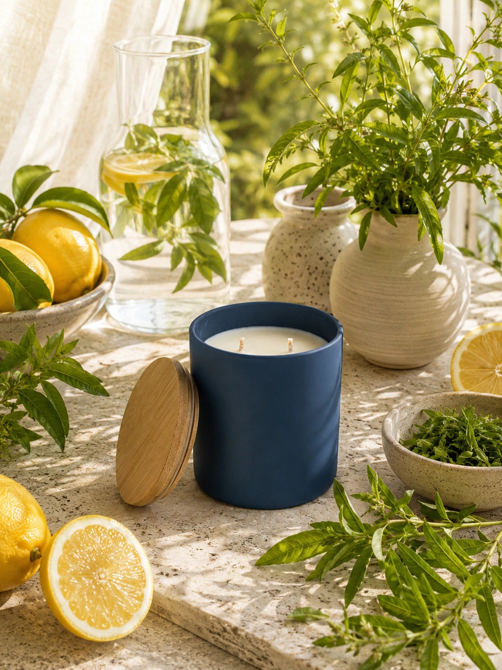 A navy blue candle jar with a light wood lid sits on a stone surface beside lemons, herbs, and ceramic vases in a bright, sunlit setting.