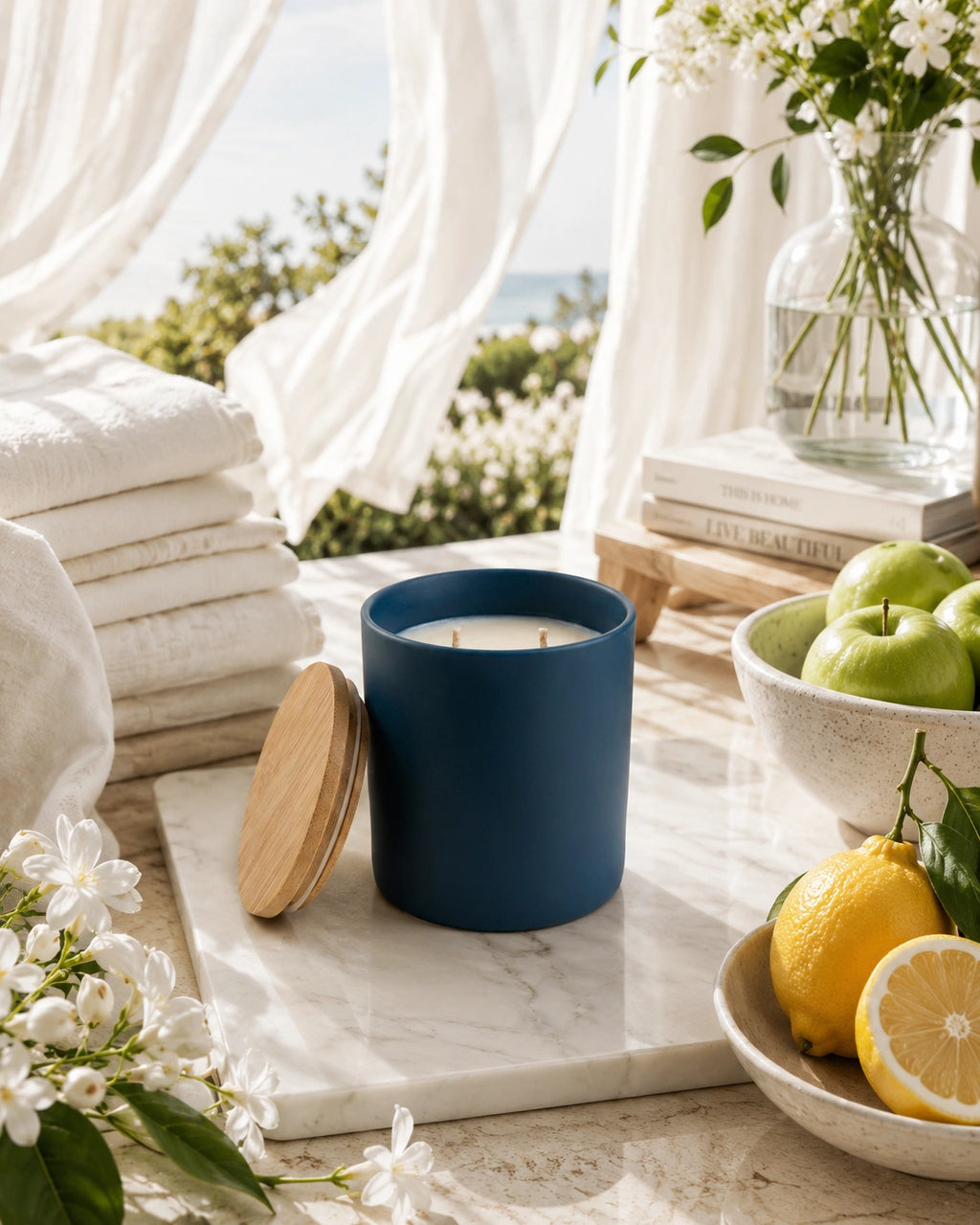 A navy blue candle jar with a light wood lid sits on a white marble tray in a styled bathroom-like setting. White towels, green apples, lemons, and white flowers are arranged around it, with sheer curtains and an outdoor view in the background.