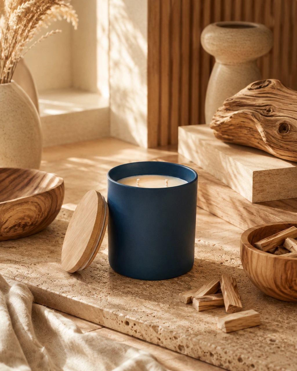 A matte navy blue candle jar with its wooden lid leaning beside it, styled on a stone slab with wood blocks, dried grass, and small wood chips in a warm, sunlit interior setting.