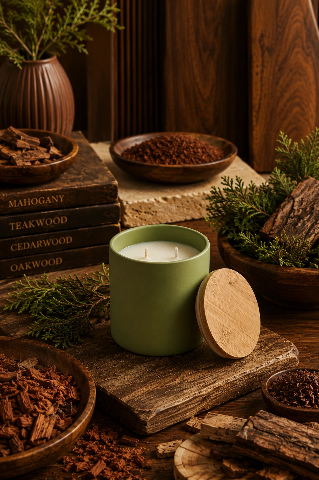 A sage green candle jar with its wooden lid leaning against it, styled on a rustic wooden board with wood chips, evergreen branches, books labeled with wood types, and a dark wood background.