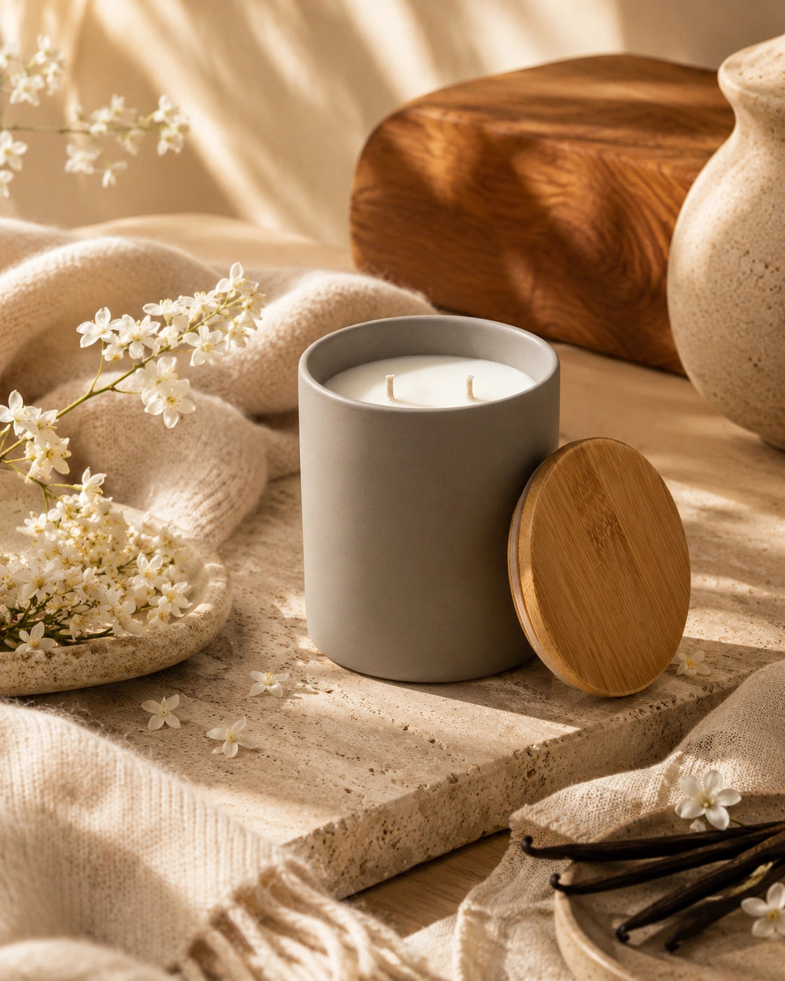 A matte gray candle jar with a round wooden lid leaning against it, styled on a stone slab with cream knit fabric, small white flowers, vanilla beans, and a ceramic vessel in warm natural light.