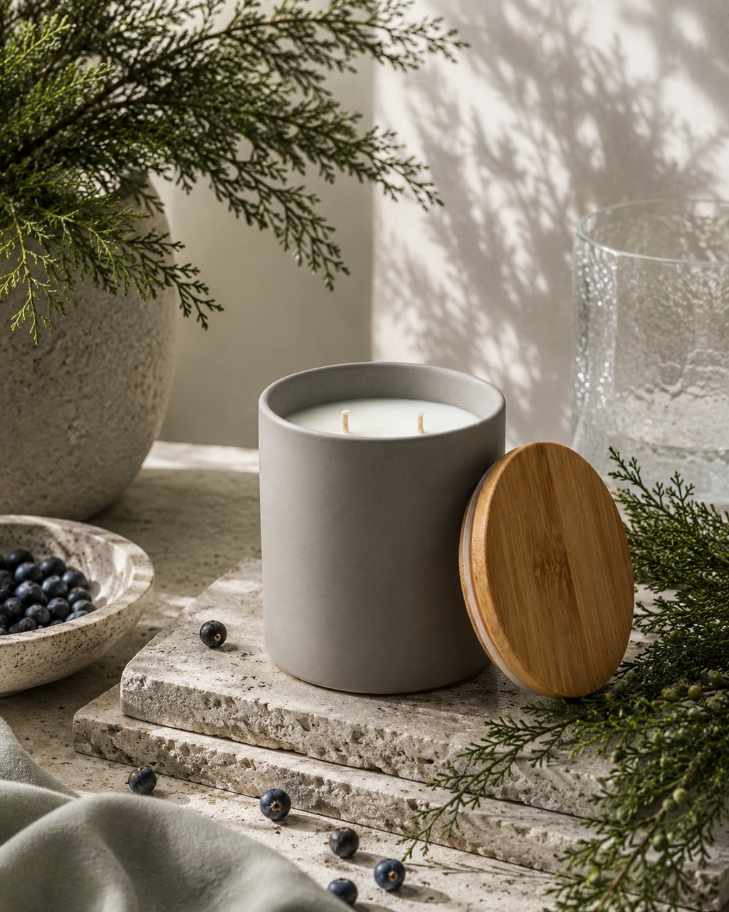 A matte gray candle jar with a bamboo wood lid leaning against it, styled on stone blocks with evergreen branches, blueberries, and a textured glass vessel in a warm natural setting.
