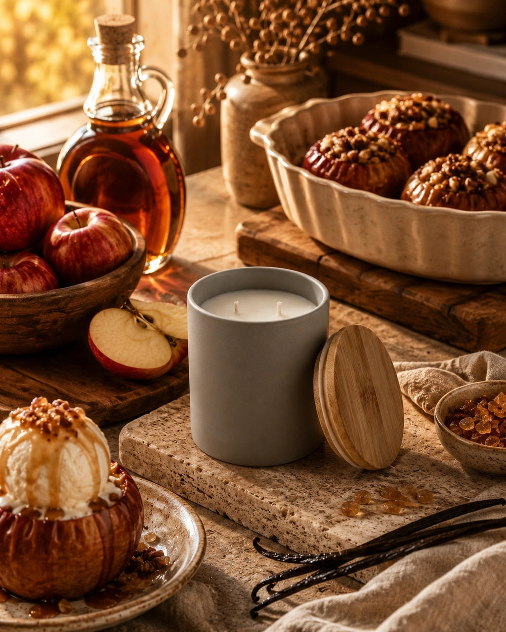 A gray candle jar with its wooden lid leaning beside it on a rustic stone surface, surrounded by fall-themed props including apples, baked apples, vanilla beans, and a bottle of apple syrup.