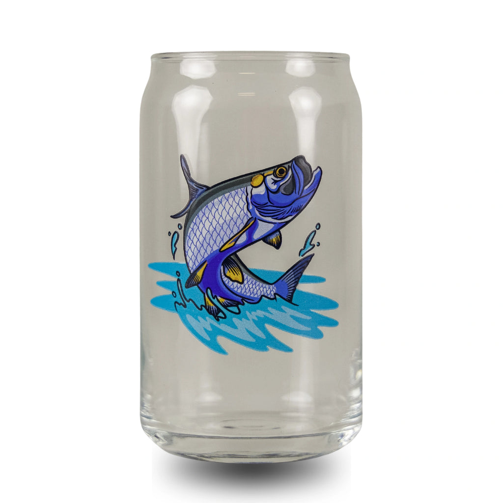 Clear glass with a blue fish illustration on a white background
