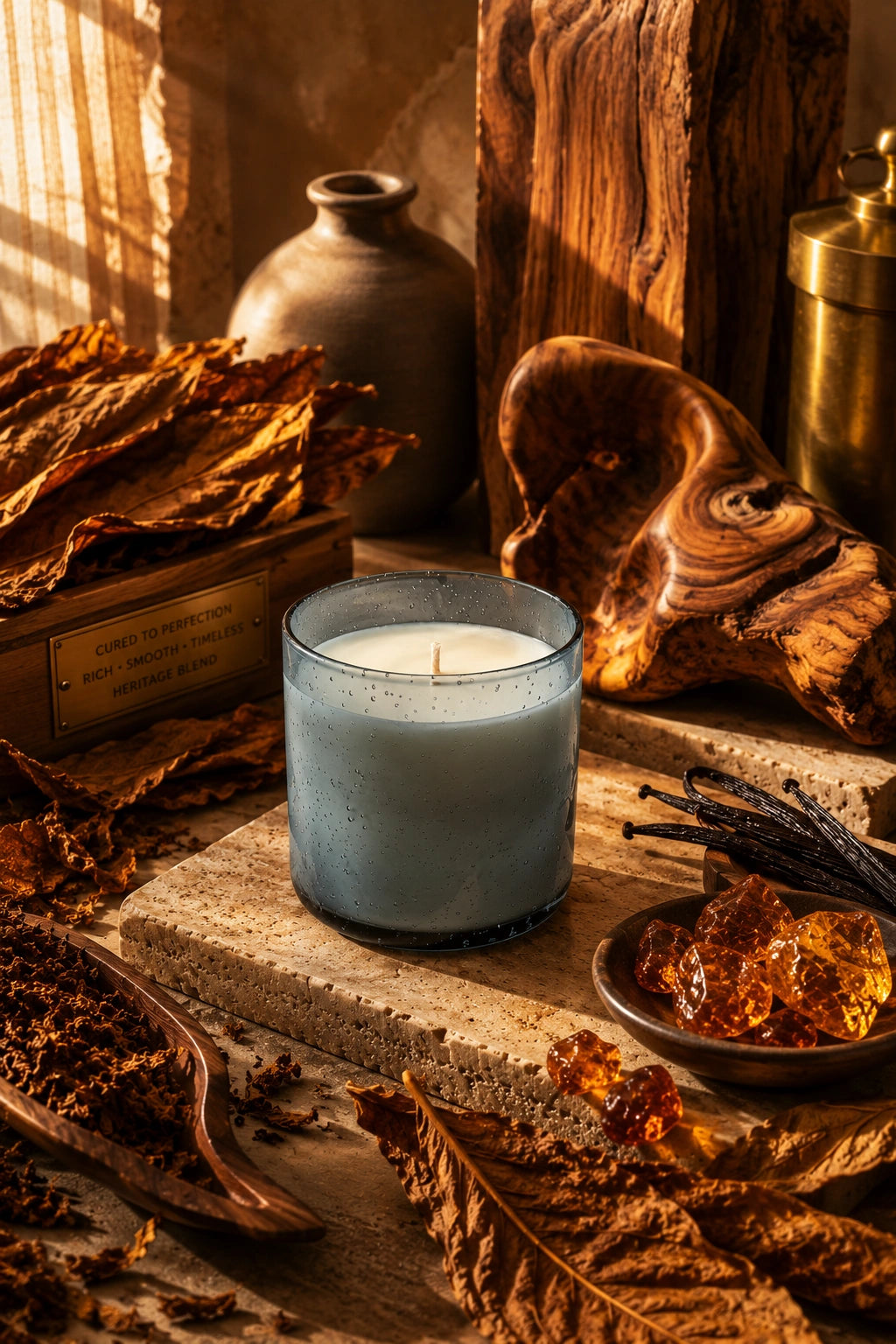 A lit blue-gray candle in a clear glass jar sits on a stone slab surrounded by dried leaves, amber pieces, vanilla pods, and rustic wood props in warm, moody lighting.