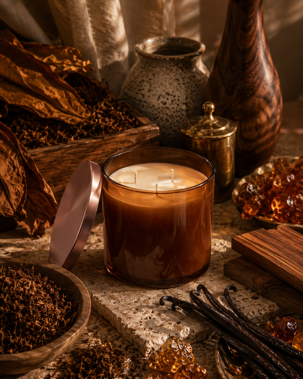 A lit amber glass candle with a cream-colored wick and a metallic rose-gold lid resting beside it, styled on a stone surface with dried botanicals, amber pieces, vanilla beans, and rustic vessels in warm, moody lighting.
