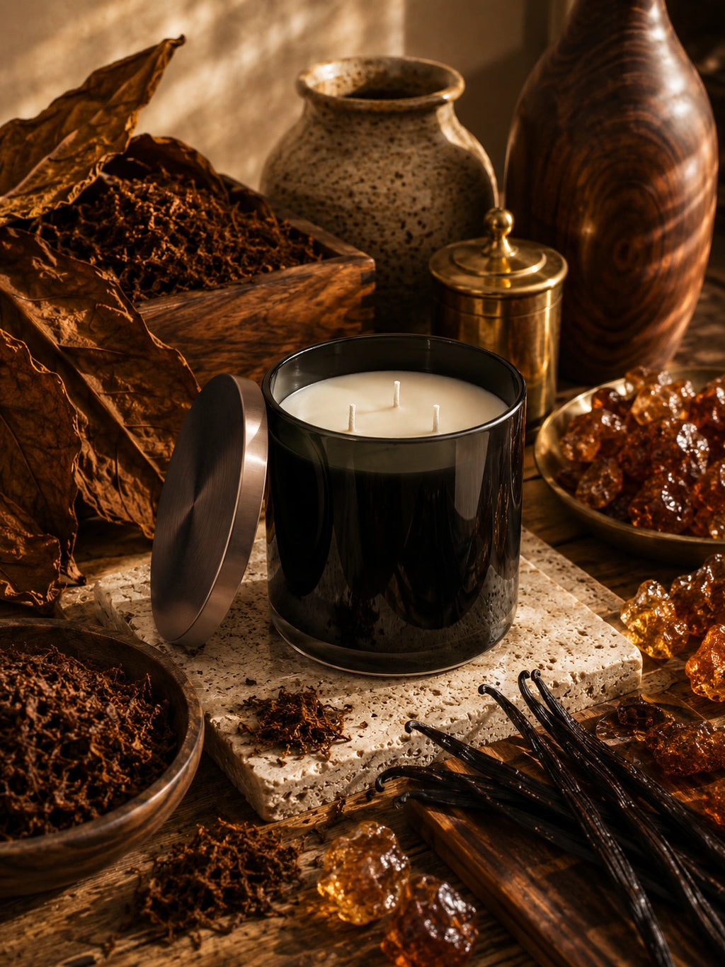 A black glass candle jar with white wax sits on a stone slab surrounded by warm-toned dried botanicals, amber crystals, vanilla pods, and rustic containers in a styled tabletop scene.