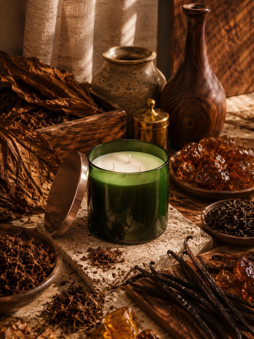 A green glass jar candle with white wax sits on a rustic stone surface surrounded by dried botanicals, amber pieces, vanilla beans, and small bowls in a warm, earthy styled setting.