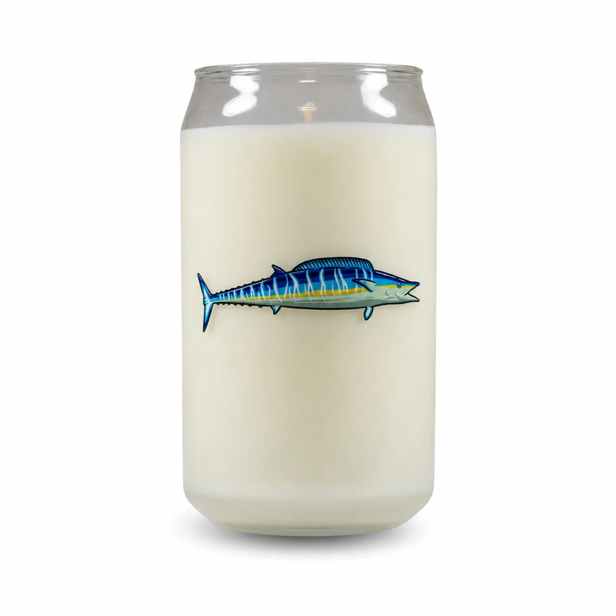 A frosted glass jar candle shaped like a beverage can, filled with off-white wax and featuring a blue and yellow striped fish graphic on the front, set against a plain white background.