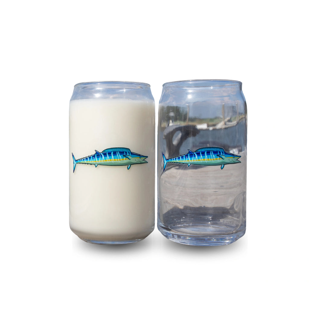 Two can-shaped glasses with fish illustrations on a white background