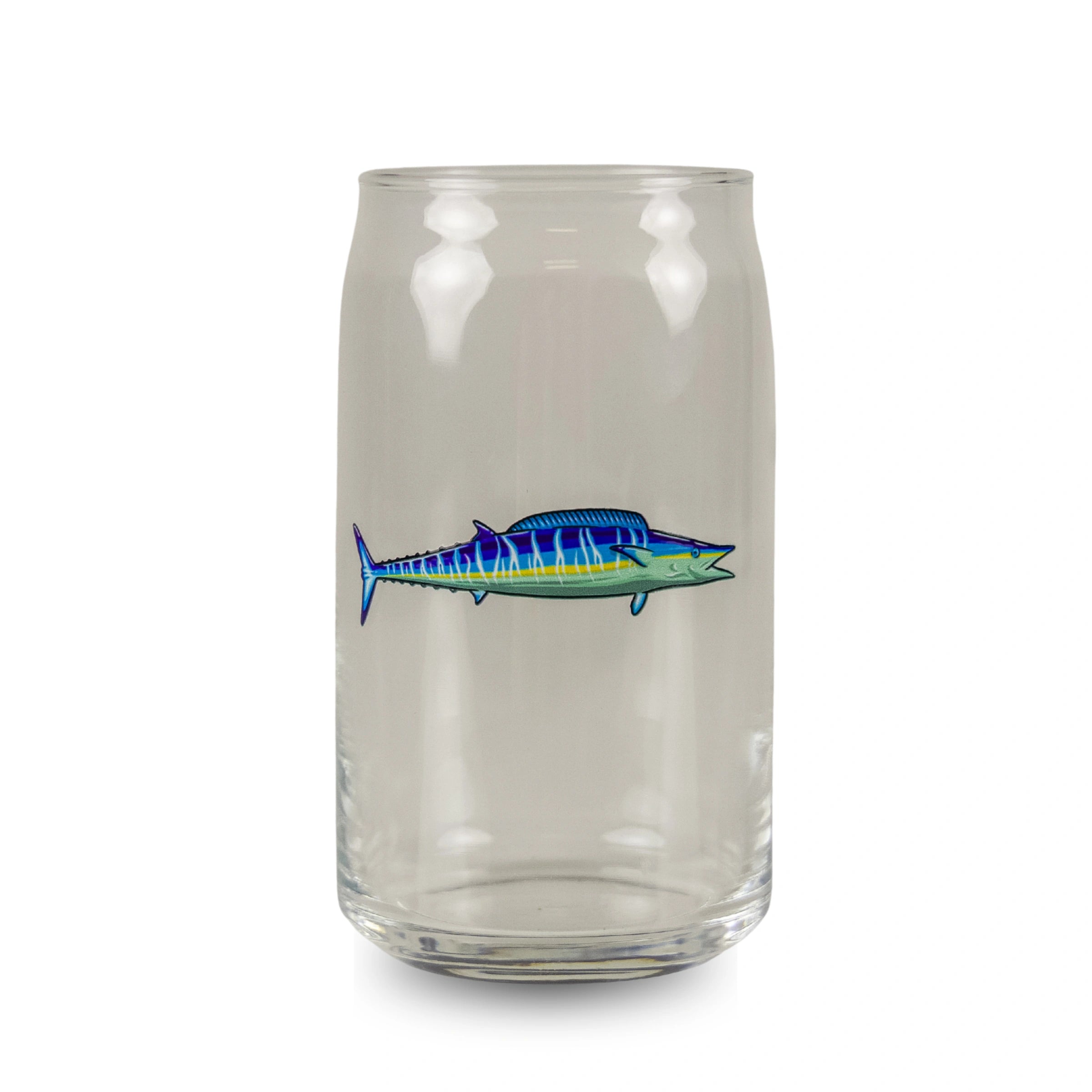 Clear glass tumbler with a blue fish design on a white background
