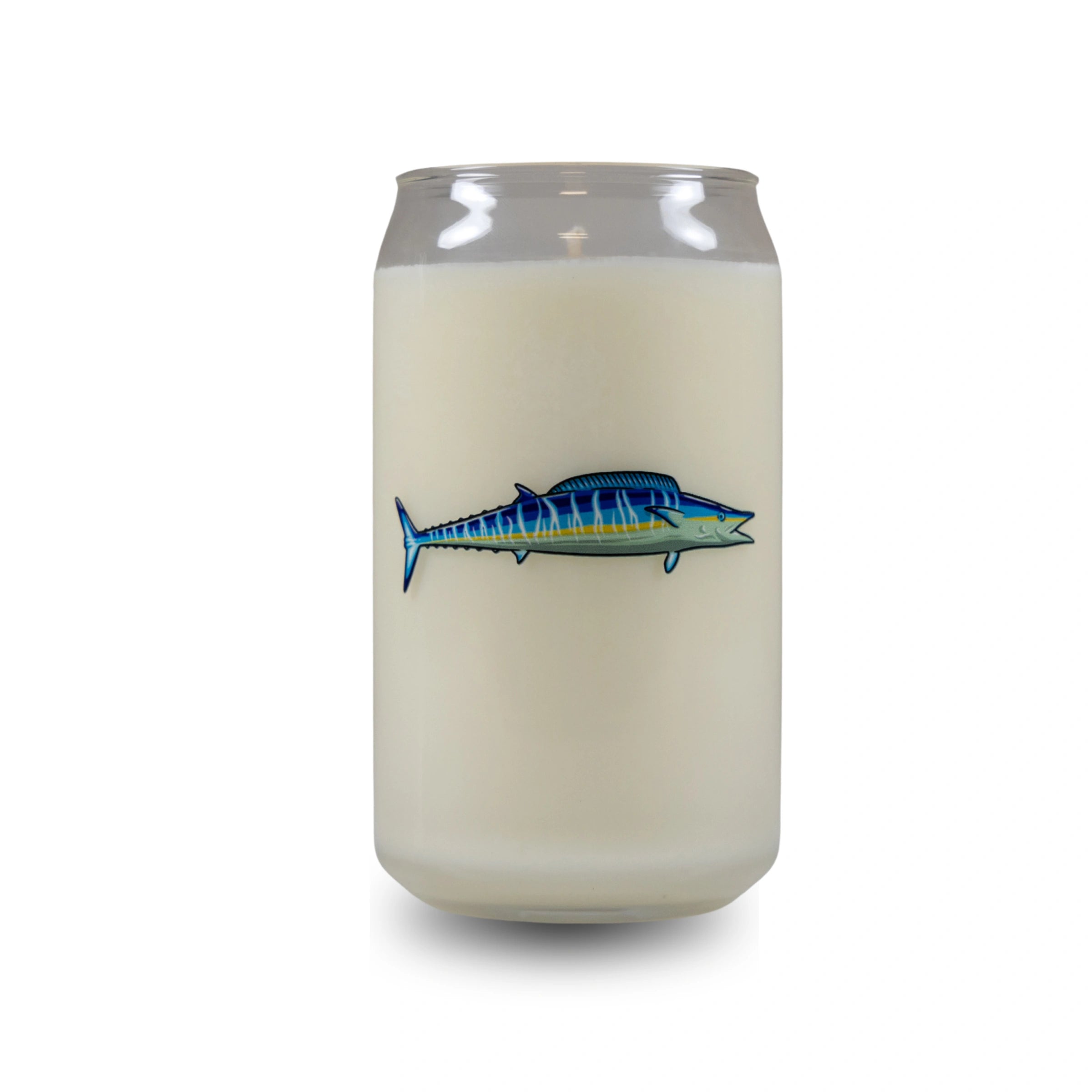 Candle in a glass jar with a fish design on a white background