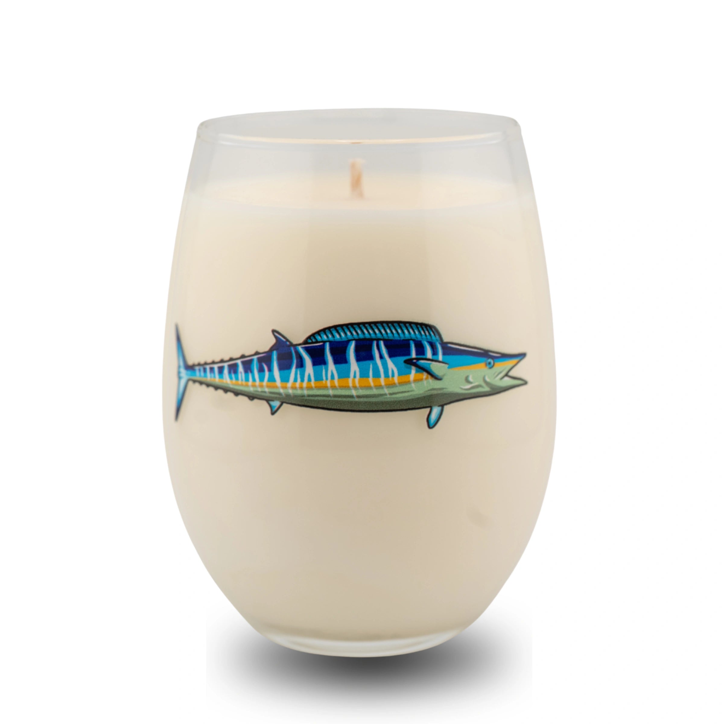 Candle in a glass container with a fish design on a white background