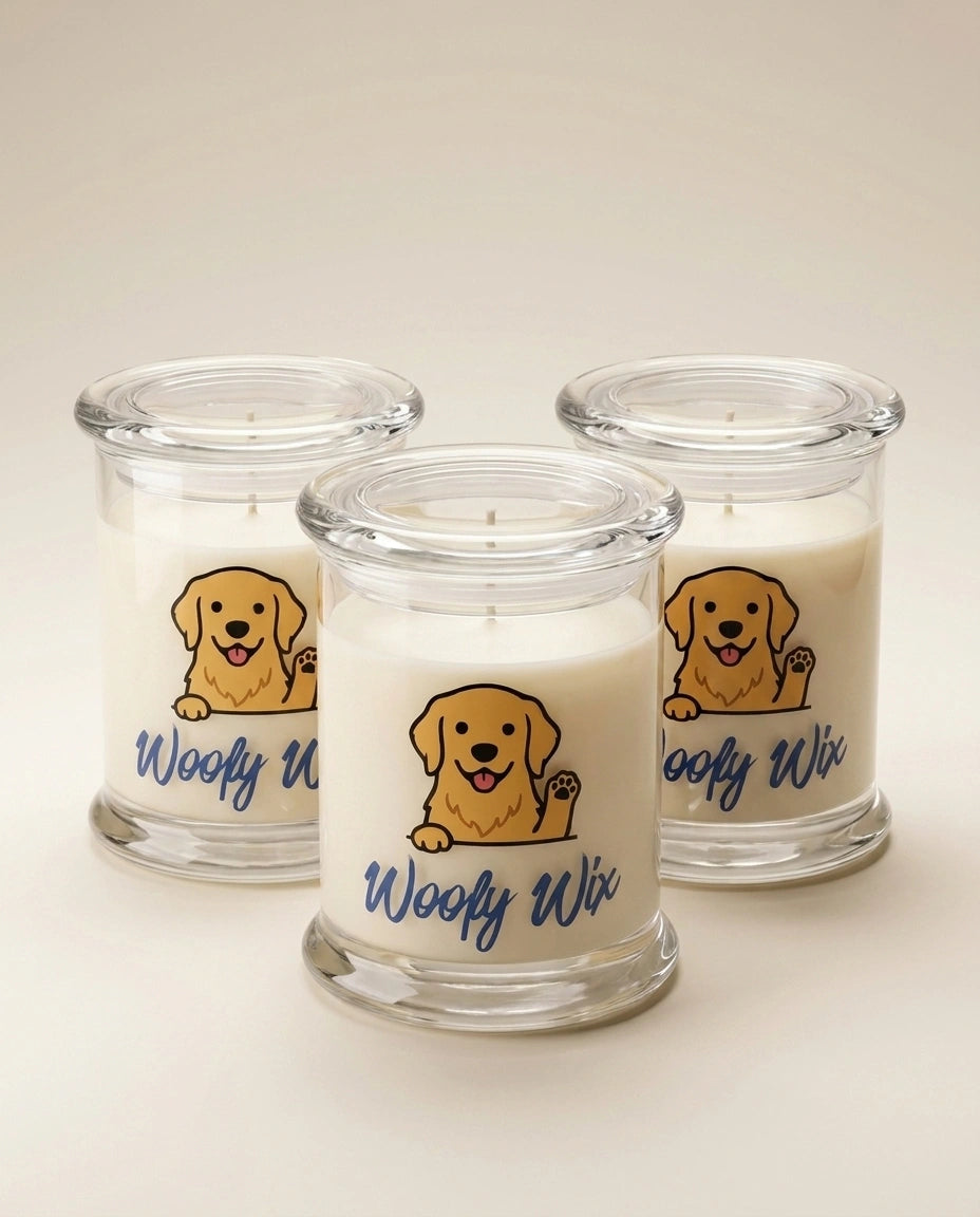 Three glass candles with a dog illustration and 'Woofy Wix' text on a light background