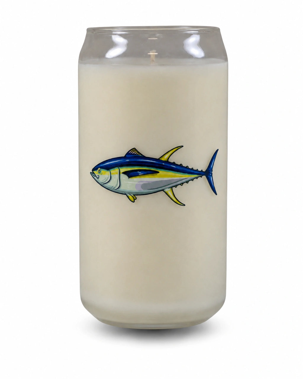 A frosted glass jar candle with a tuna fish illustration on the front, set against a plain white background.
