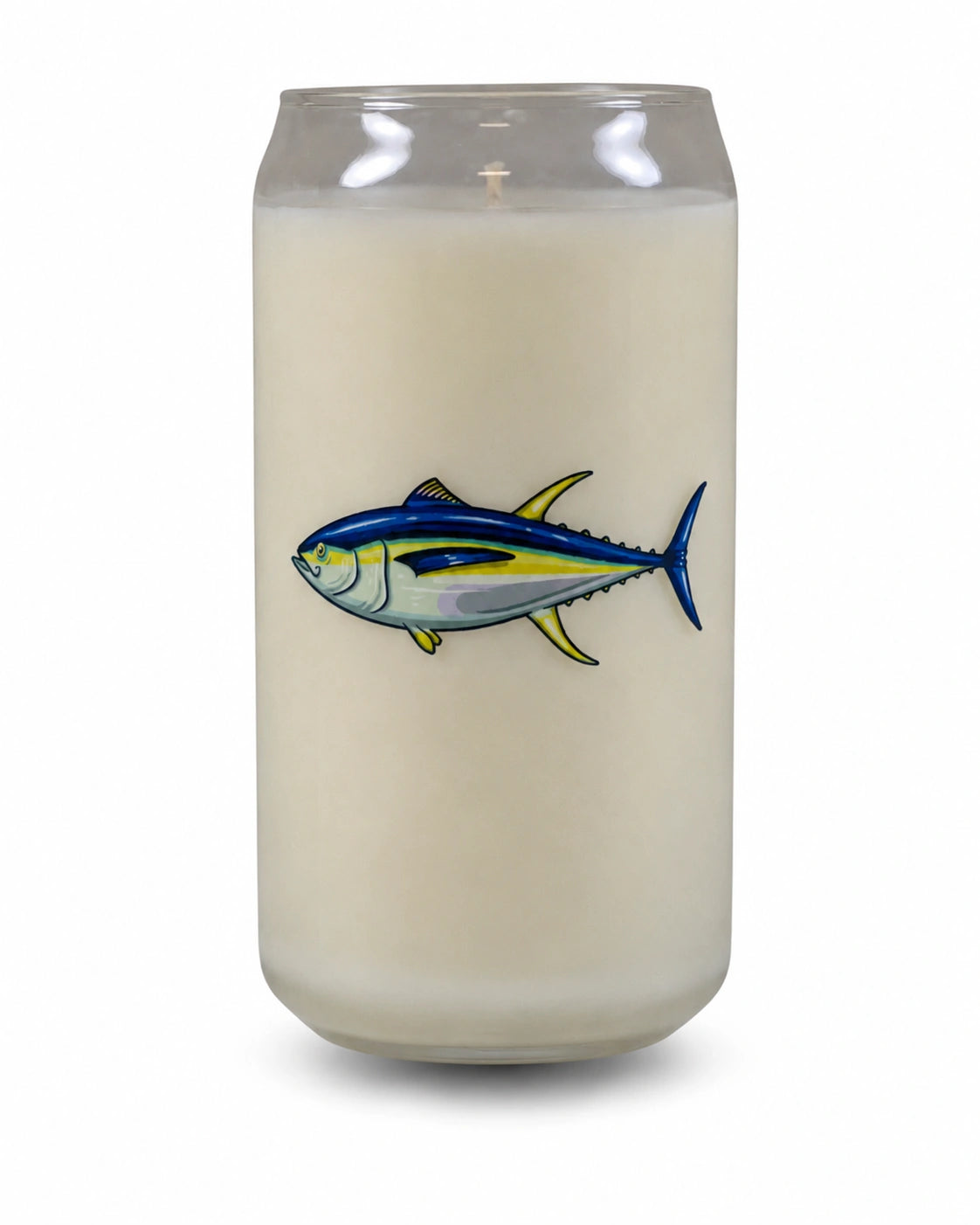 A frosted glass jar candle with a tuna fish illustration on the front, set against a plain white background.
