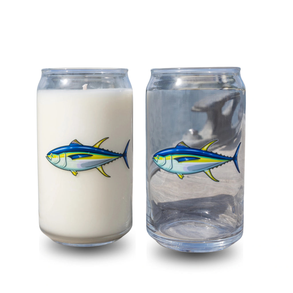 Two glass containers with fish illustrations on a white background
