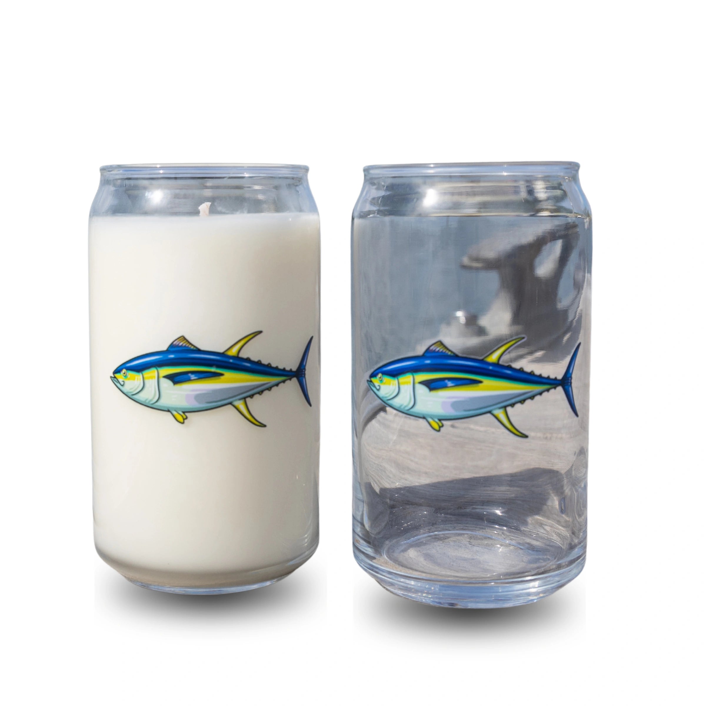 Two glass containers with fish illustrations on a white background
