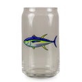 Clear glass tumbler with a fish design on a white background
