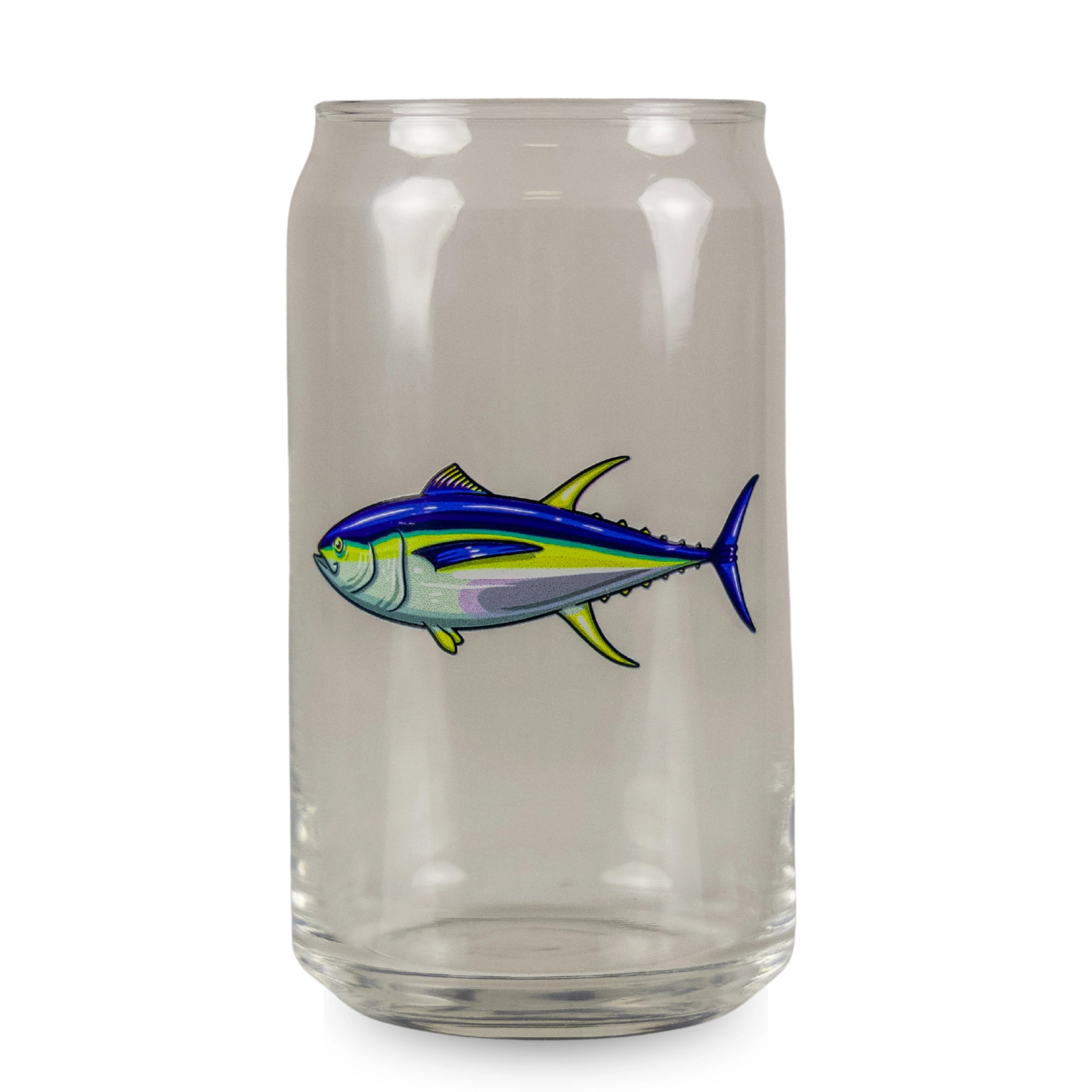 Clear glass tumbler with a fish design on a white background