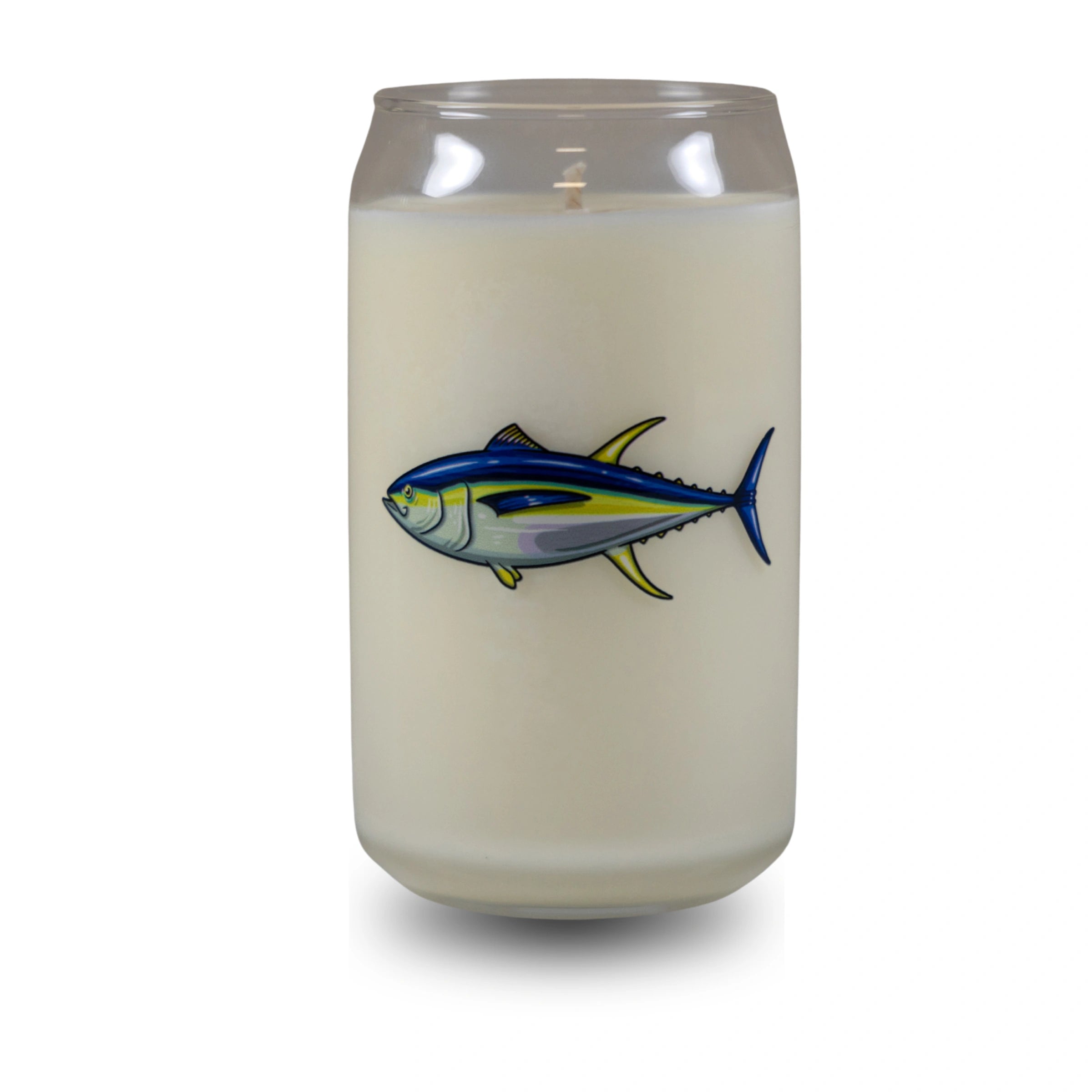 Candle in a glass container with a fish design on a white background