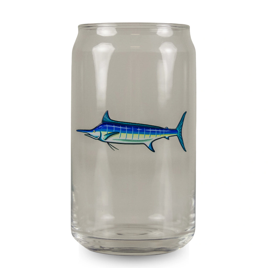 Clear glass tumbler with a blue fish illustration on a white background