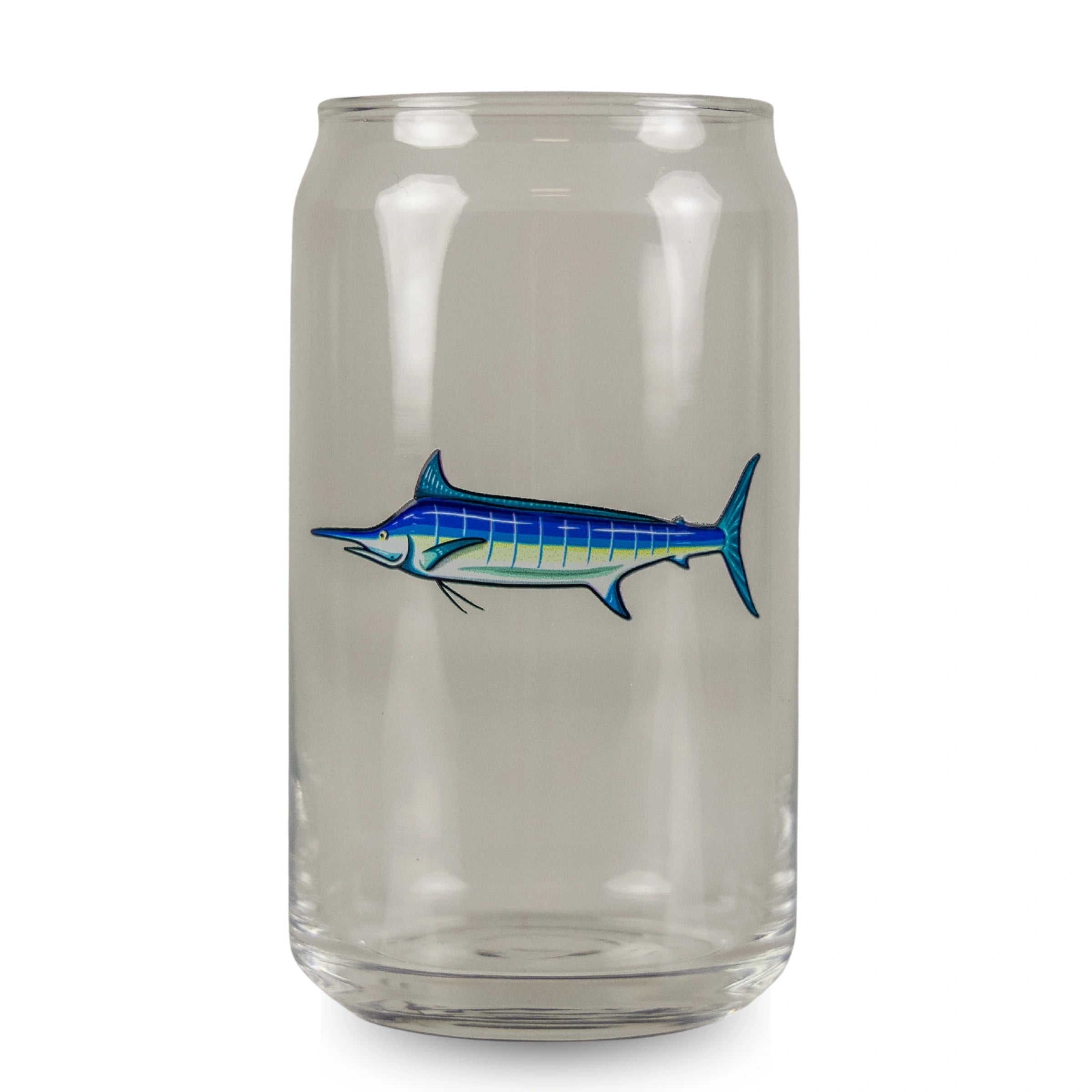 Clear glass tumbler with a blue fish illustration on a white background