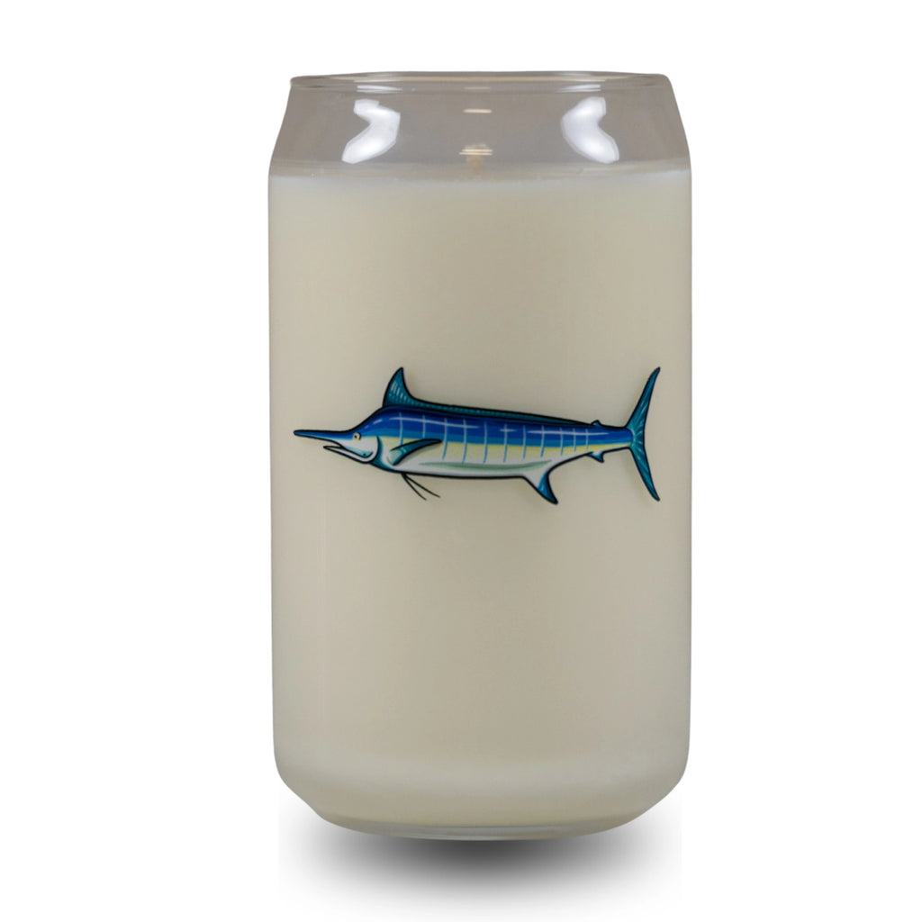 Candle with a blue fish design on a white background