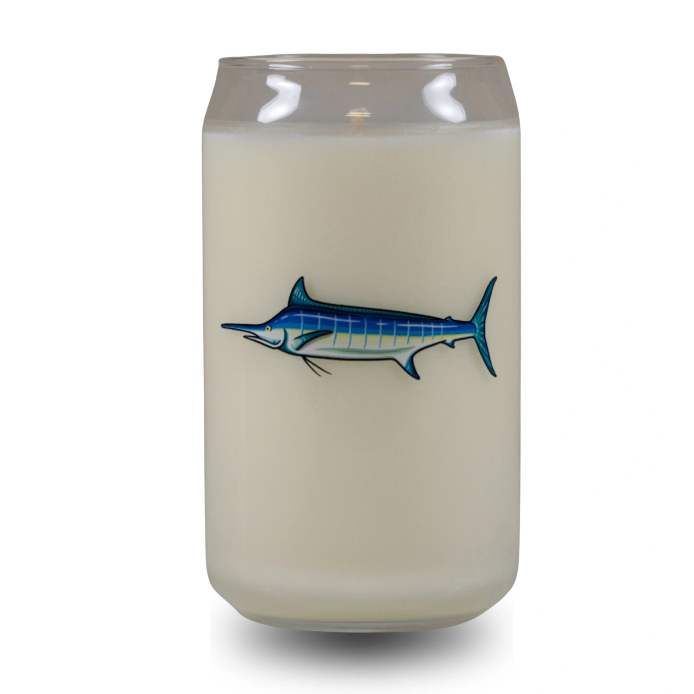 Candle with a blue fish design on a white background